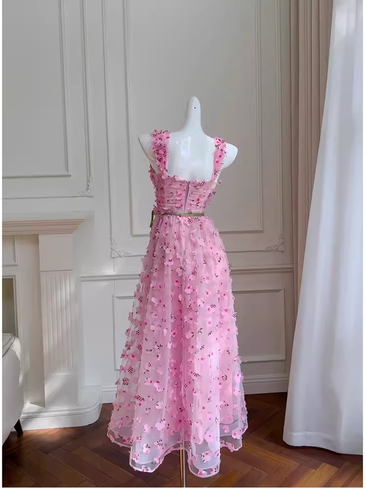 Cute A Line Pink Tulle Flowers Long Prom Dress C963