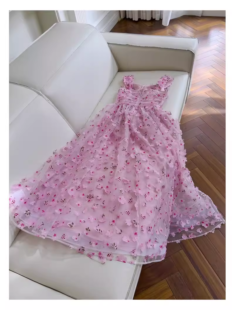Cute A Line Pink Tulle Flowers Long Prom Dress C963
