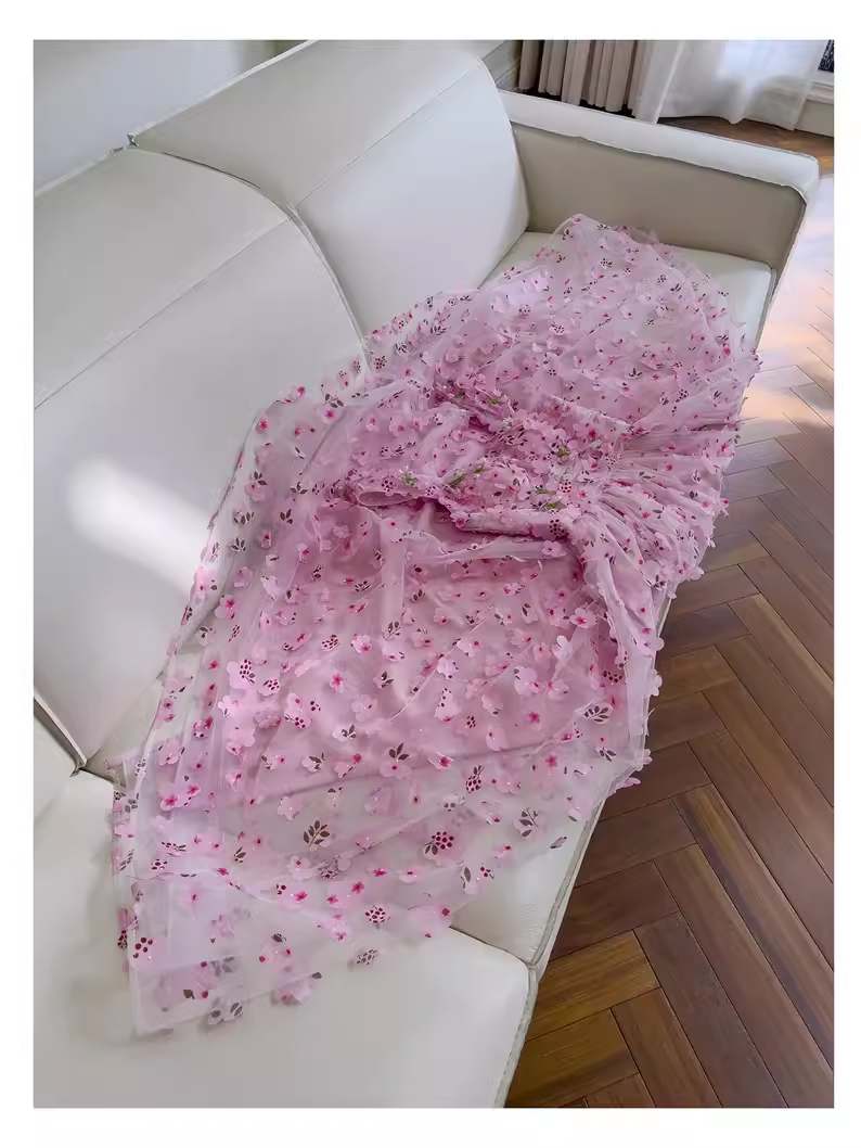 Cute A Line Pink Tulle Flowers Long Prom Dress C963