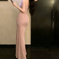 Elegant Spaghetti Strap Prom Dress Pink Slit Mermaid Evening Dress C9640