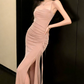 Elegant Spaghetti Strap Prom Dress Pink Slit Mermaid Evening Dress C9640