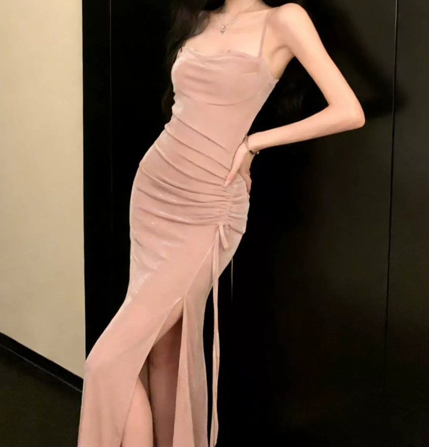 Elegant Spaghetti Strap Prom Dress Pink Slit Mermaid Evening Dress C9640