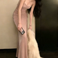 Elegant Spaghetti Strap Prom Dress Pink Slit Mermaid Evening Dress C9640