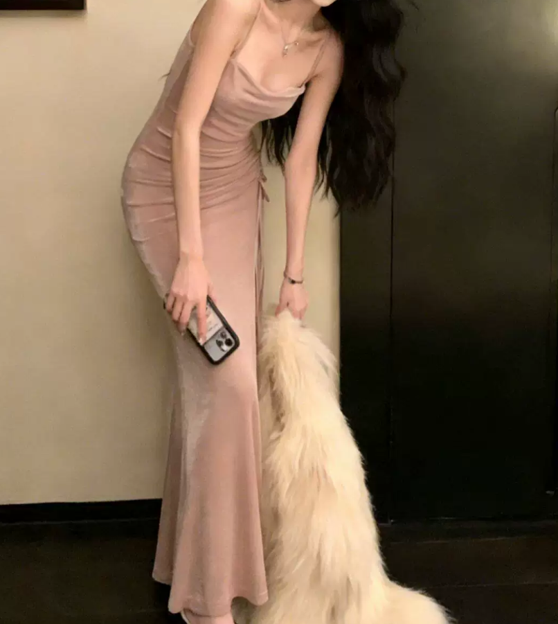 Elegant Spaghetti Strap Prom Dress Pink Slit Mermaid Evening Dress C9640
