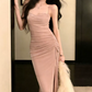 Elegant Spaghetti Strap Prom Dress Pink Slit Mermaid Evening Dress C9640