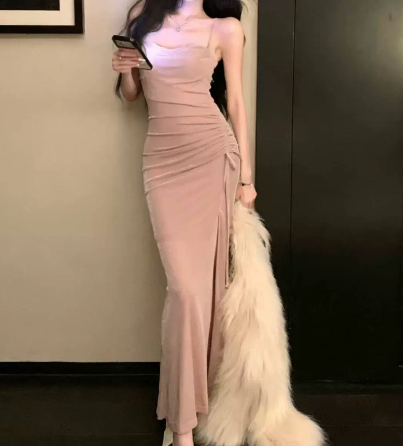 Elegant Spaghetti Strap Prom Dress Pink Slit Mermaid Evening Dress C9640