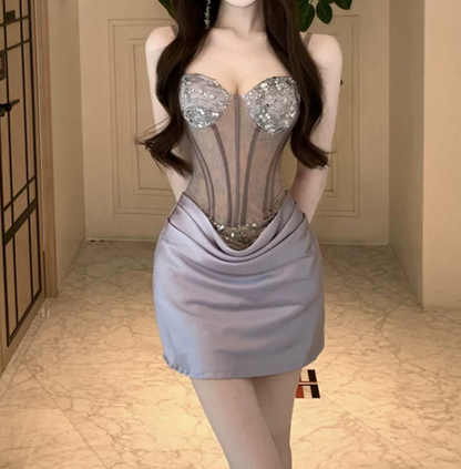Mini robe de soirée en satin, sans bretelles, sans manches, ligne a, simple, C899