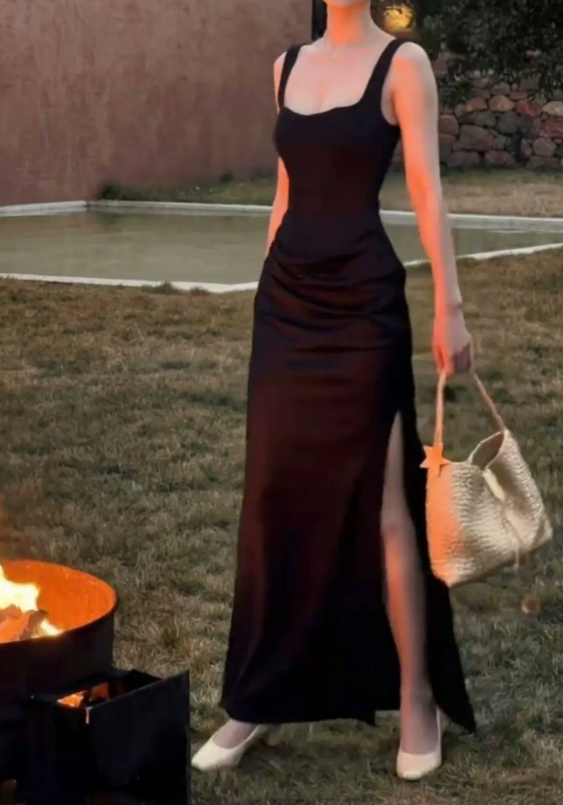 Retro Spaghetti Straps Prom Dress Black Slit Sheath Evening Dress C9643