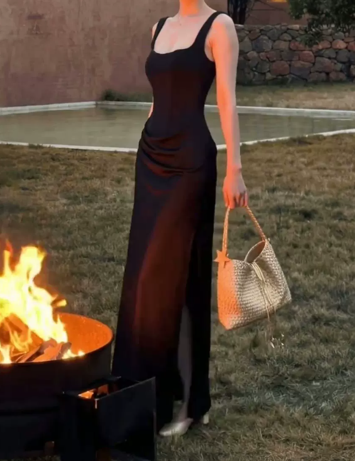 Retro Spaghetti Straps Prom Dress Black Slit Sheath Evening Dress C9643