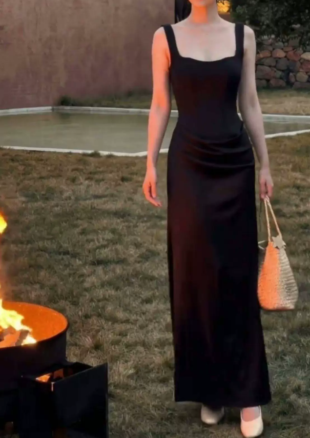 Retro Spaghetti Straps Prom Dress Black Slit Sheath Evening Dress C9643