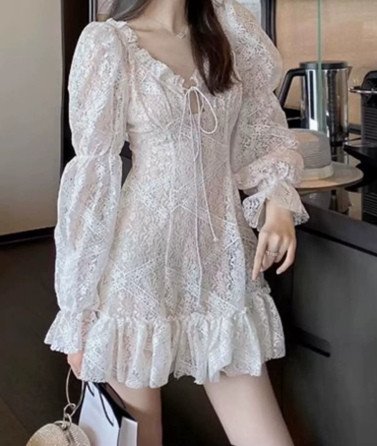 Romantic V Neck Ruffles Homecoming Dress White Long Sleeve A-Line Party Dress C9647