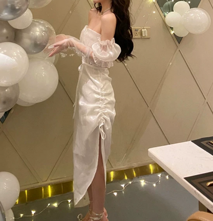 Charming Off-Shoulder Prom Dress White Sheath Evening Dress C9648