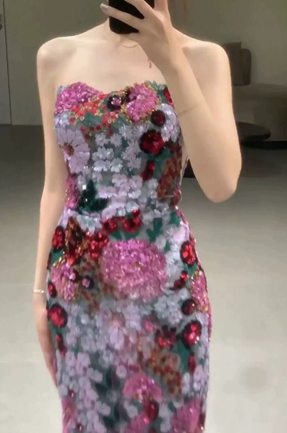 Ornate Strapless Floral Prom Dress Sequins Sheath Evening Dress C9649