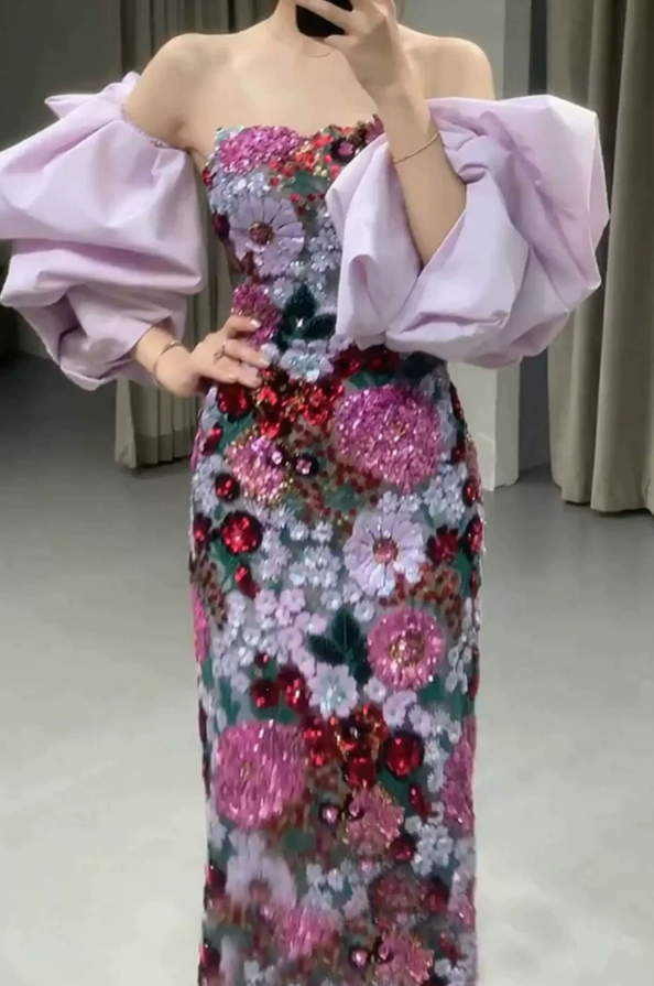 Ornate Strapless Floral Prom Dress Sequins Sheath Evening Dress C9649