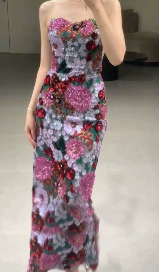 Ornate Strapless Floral Prom Dress Sequins Sheath Evening Dress C9649