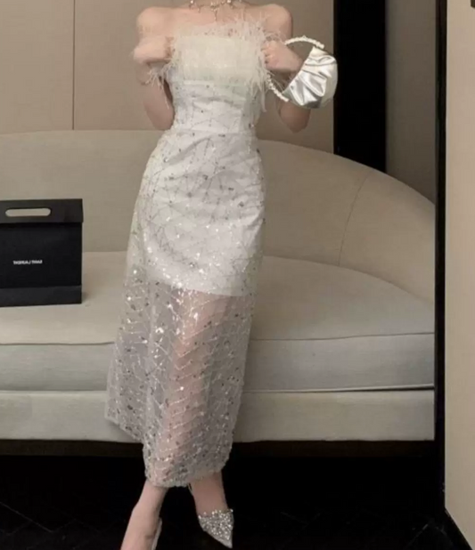 Glam Strapless White Prom Dress Sequins Feather Sheath Evening Dress C9650
