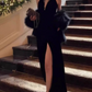 Unique Halter Neck Prom Dress Black Slit Mermaid Evening Dress C9651
