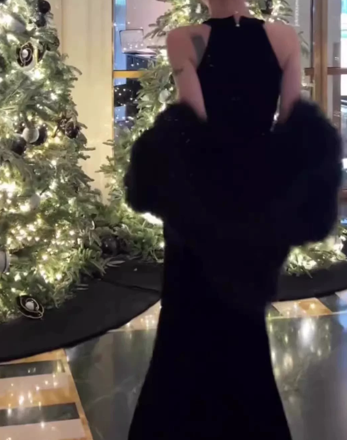 Unique Halter Neck Prom Dress Black Slit Mermaid Evening Dress C9651