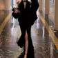 Unique Halter Neck Prom Dress Black Slit Mermaid Evening Dress C9651
