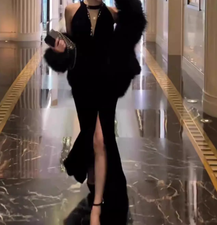 Unique Halter Neck Prom Dress Black Slit Mermaid Evening Dress C9651
