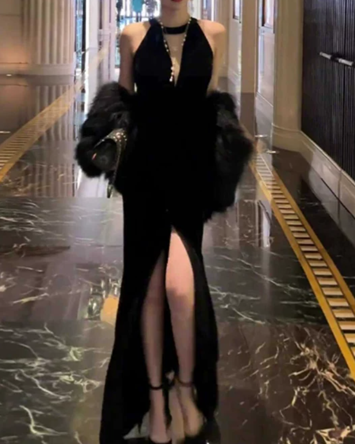 Unique Halter Neck Prom Dress Black Slit Mermaid Evening Dress C9651