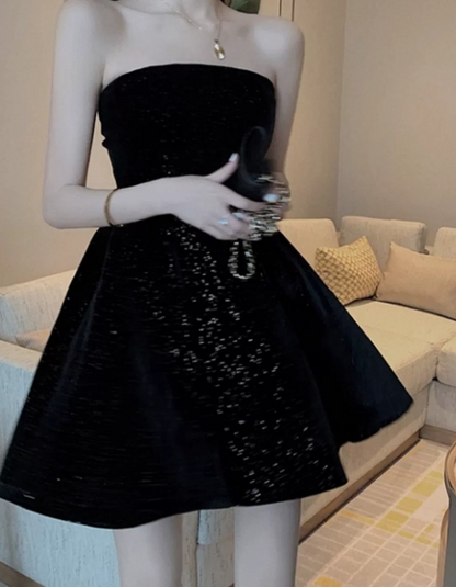 Mini robe de soirée en satin, sans bretelles, sans manches, ligne a, simple, C899