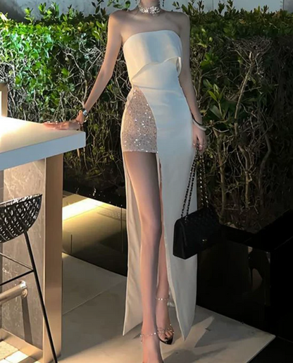 Mini robe de soirée en satin, sans bretelles, sans manches, ligne a, simple, C899