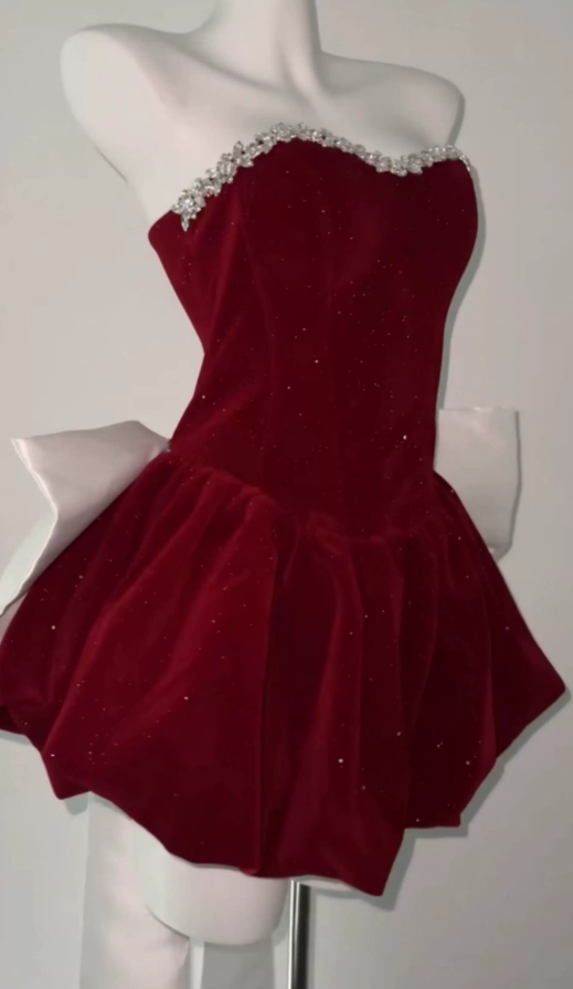 Gorgeous Strapless Homecoming Dress Red Beaded A-Line Party Dress C9660