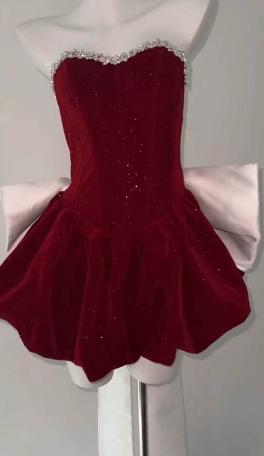 Gorgeous Strapless Homecoming Dress Red Beaded A-Line Party Dress C9660