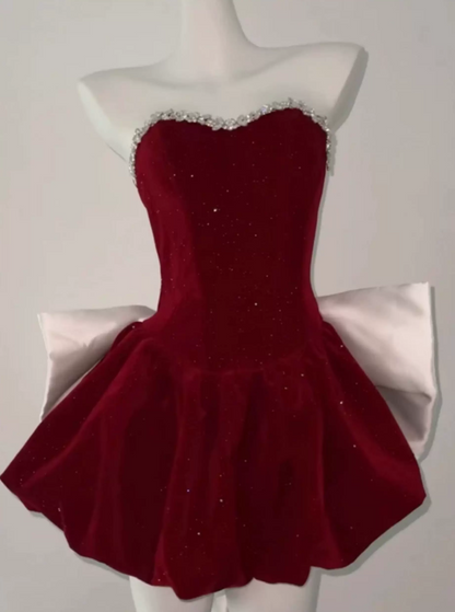 Gorgeous Strapless Homecoming Dress Red Beaded A-Line Party Dress C9660