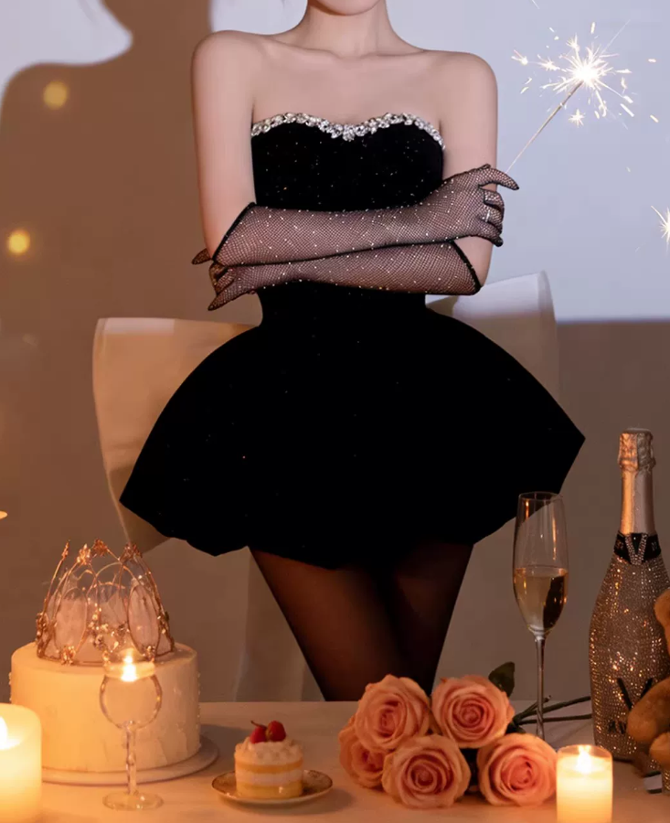 Mini robe de soirée en satin, sans bretelles, sans manches, ligne a, simple, C899