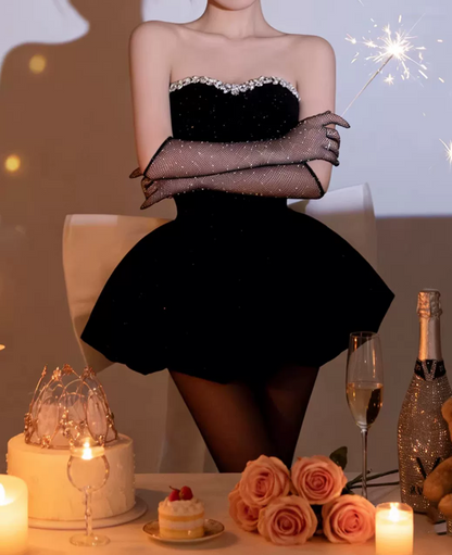 Mini robe de soirée en satin, sans bretelles, sans manches, ligne a, simple, C899