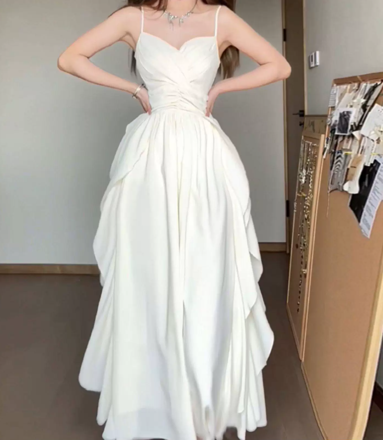 Classical Spaghetti Straps Prom Dress White Ruffles A-Line Evening Dress C9663