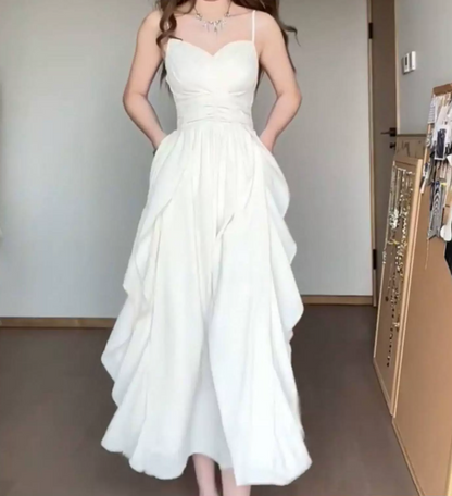 Classical Spaghetti Straps Prom Dress White Ruffles A-Line Evening Dress C9663