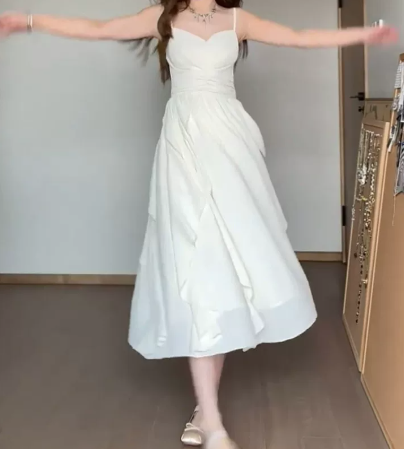 Classical Spaghetti Straps Prom Dress White Ruffles A-Line Evening Dress C9663