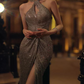 Mini robe de soirée en satin, sans bretelles, sans manches, ligne a, simple, C899