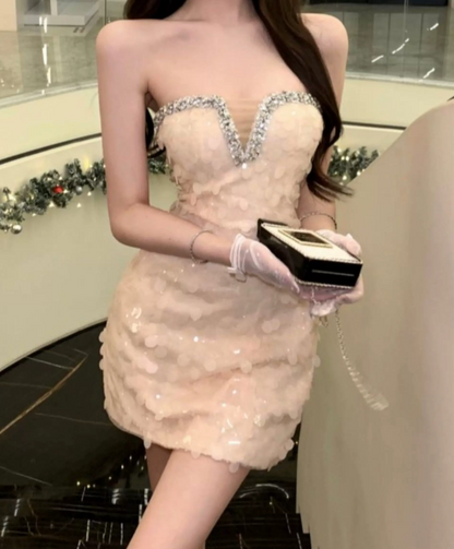 Mini robe de soirée en satin, sans bretelles, sans manches, ligne a, simple, C899
