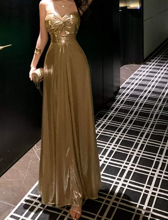 Elegant Gold Strapless Maxi Dress Summer A-Line Long Dress C9672