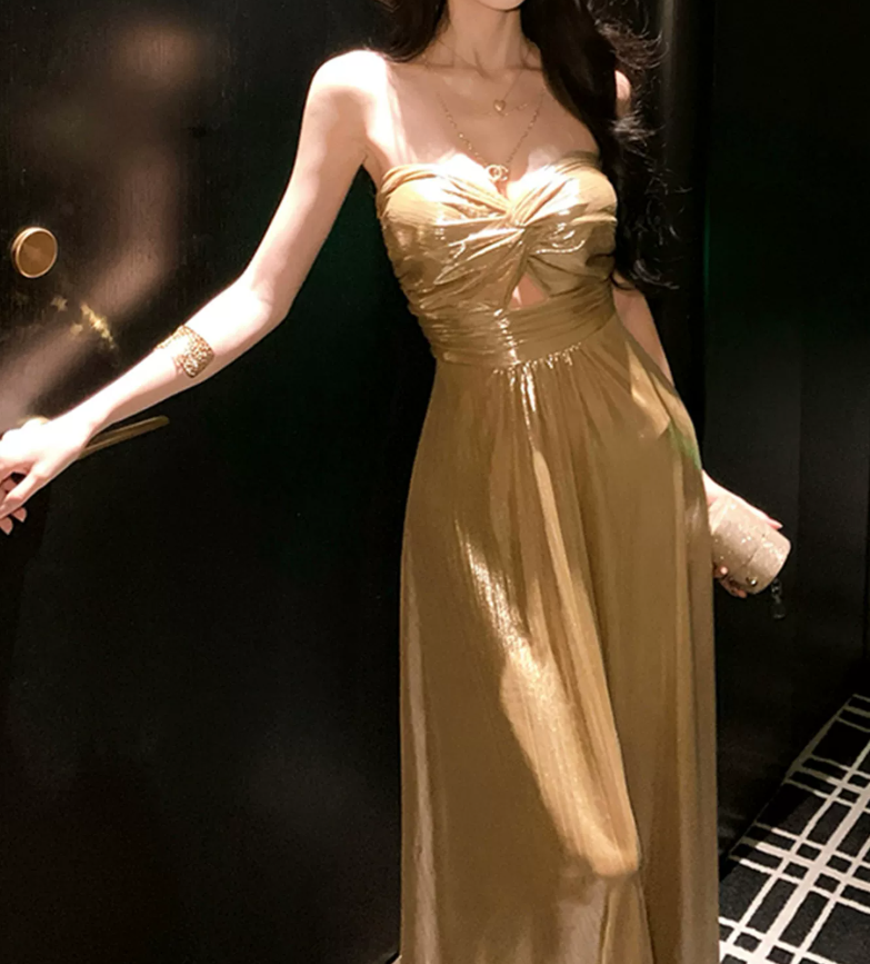 Elegant Gold Strapless Maxi Dress Summer A-Line Long Dress C9672