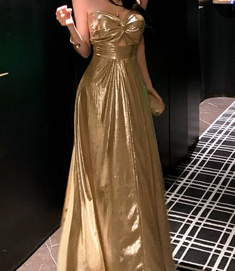 Elegant Gold Strapless Maxi Dress Summer A-Line Long Dress C9672