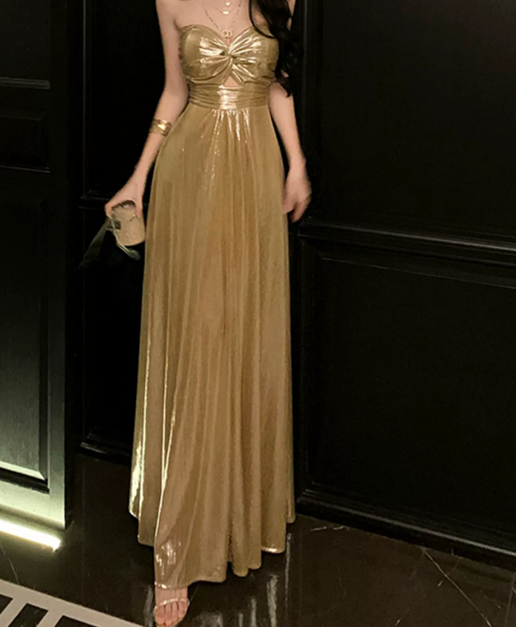 Elegant Gold Strapless Maxi Dress Summer A-Line Long Dress C9672