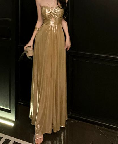 Elegant Gold Strapless Maxi Dress Summer A-Line Long Dress C9672