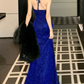 Charming Halter Neck Sequins Prom Dress Blue Slit Mermaid Evening Dress C9673