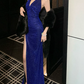 Charming Halter Neck Sequins Prom Dress Blue Slit Mermaid Evening Dress C9673