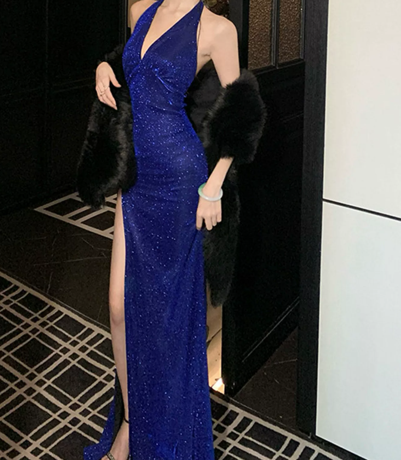 Charming Halter Neck Sequins Prom Dress Blue Slit Mermaid Evening Dress C9673