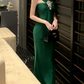 Elegant Halter Neck Green Maxi Dress Beaded Mermaid Long Dress C9674