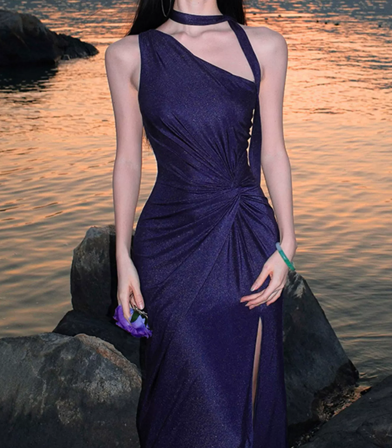 Chic One Shoulder Slit Maxi Dress Purple Sequins Mermaid Long Dress C9675