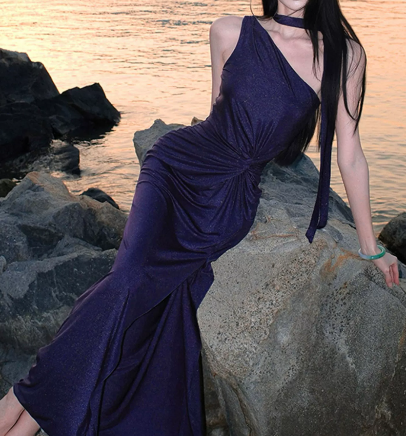 Chic One Shoulder Slit Maxi Dress Purple Sequins Mermaid Long Dress C9675
