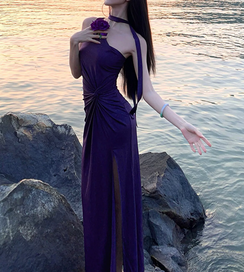 Chic One Shoulder Slit Maxi Dress Purple Sequins Mermaid Long Dress C9675