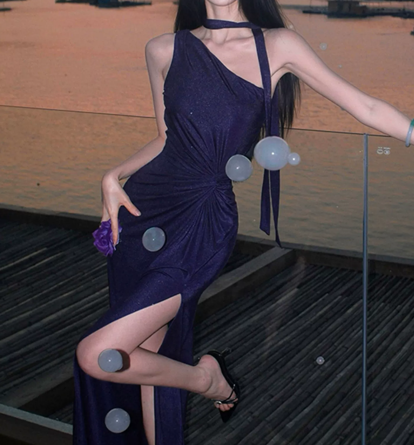 Chic One Shoulder Slit Maxi Dress Purple Sequins Mermaid Long Dress C9675